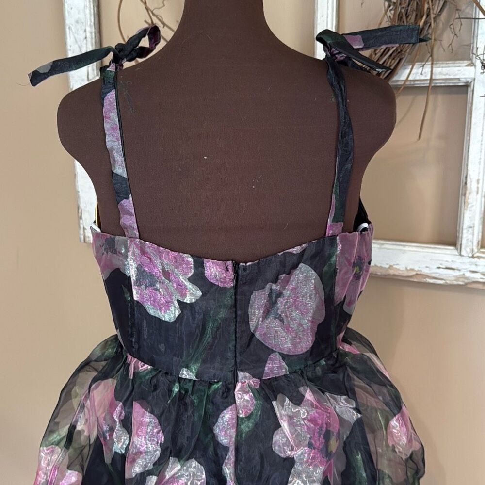 Lulus tiered black floral midi dress size large tie straps whimsigoth fairy dark - Picture 6 of 12